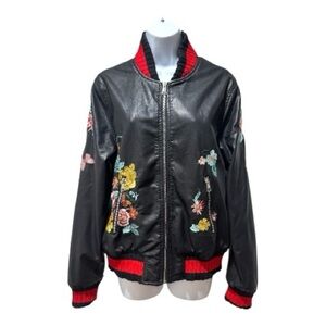 Groovy Monkey Black Floral Embroidered Statement Bomber Jacket Size L